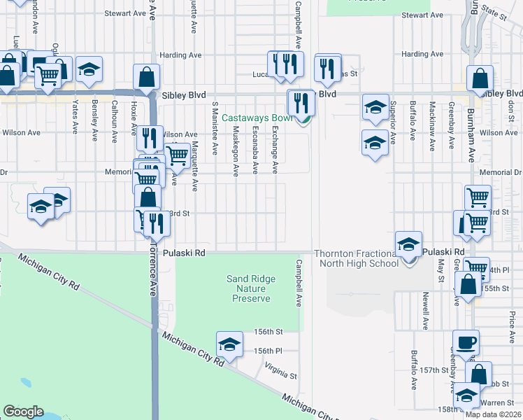 map of restaurants, bars, coffee shops, grocery stores, and more near 618 Exchange Avenue in Calumet City