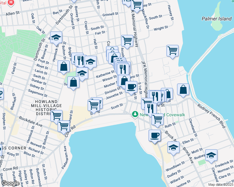 map of restaurants, bars, coffee shops, grocery stores, and more near 14 Jouvette Street in New Bedford