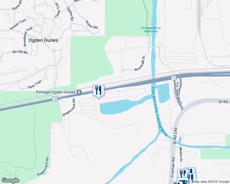 map of restaurants, bars, coffee shops, grocery stores, and more near 6161 Burns Waterway in Portage
