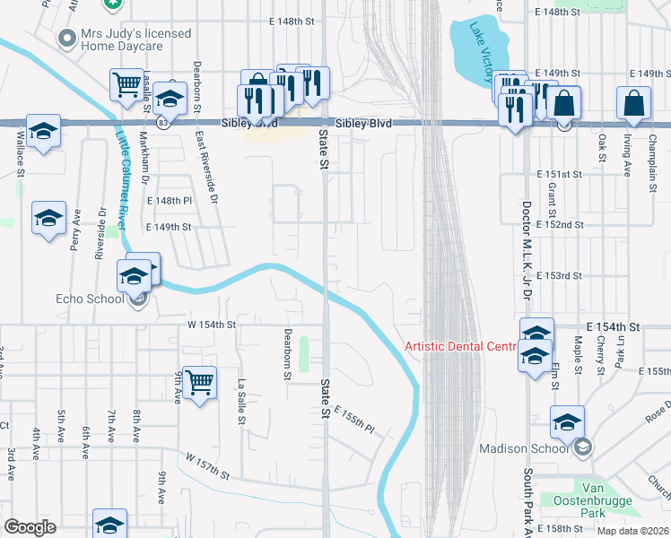 map of restaurants, bars, coffee shops, grocery stores, and more near 15257 State Street in South Holland