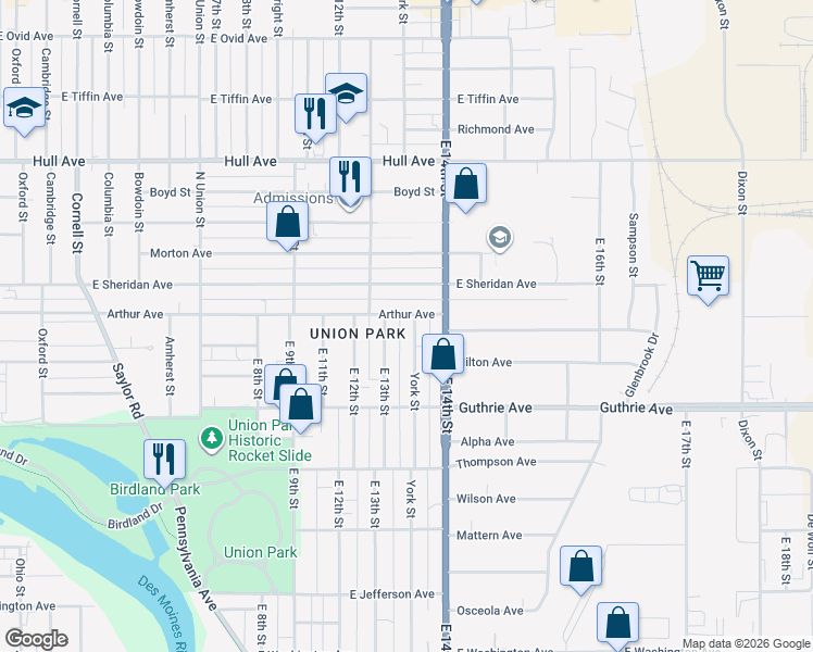 map of restaurants, bars, coffee shops, grocery stores, and more near 2419 York Street in Des Moines