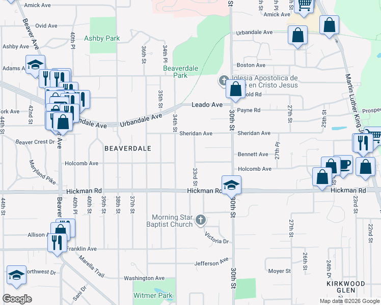 map of restaurants, bars, coffee shops, grocery stores, and more near 2517 33rd Street in Des Moines