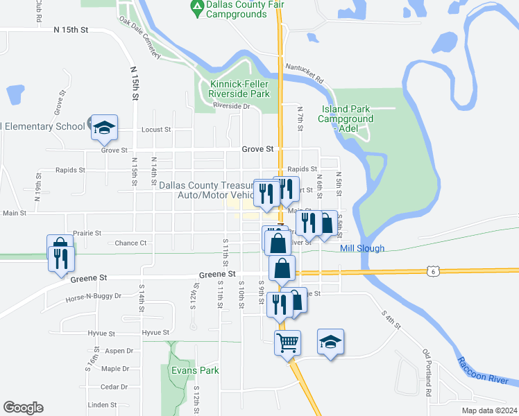 map of restaurants, bars, coffee shops, grocery stores, and more near 103c North 9th Street in Adel