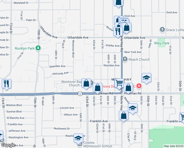 map of restaurants, bars, coffee shops, grocery stores, and more near 6220 Dawson Drive in Des Moines