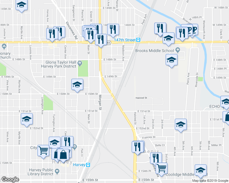 map of restaurants, bars, coffee shops, grocery stores, and more near 14945 Washington Avenue in Harvey