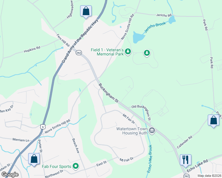 map of restaurants, bars, coffee shops, grocery stores, and more near 1328 Buckingham Street in Watertown