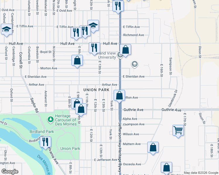 map of restaurants, bars, coffee shops, grocery stores, and more near 2419 York Street in Des Moines