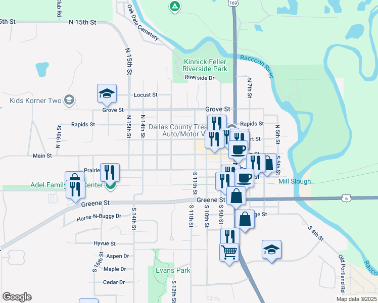 map of restaurants, bars, coffee shops, grocery stores, and more near 1108 Main Street in Adel