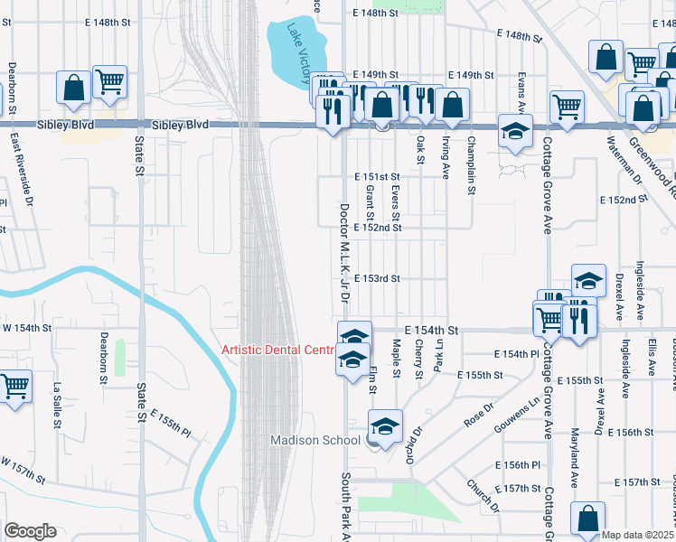 map of restaurants, bars, coffee shops, grocery stores, and more near 15242 Doctor Martin Luther King Junior Drive in Dolton