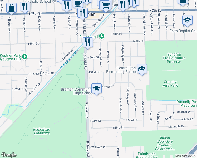 map of restaurants, bars, coffee shops, grocery stores, and more near 15135 Harding Avenue in Midlothian