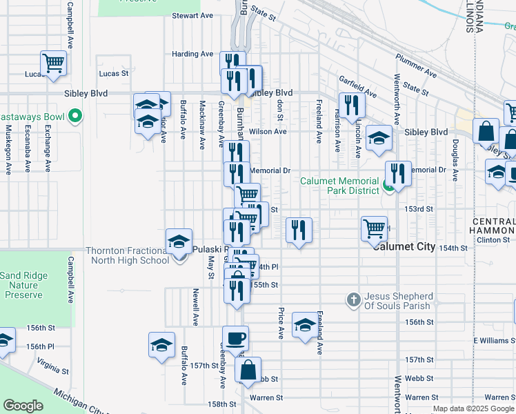 map of restaurants, bars, coffee shops, grocery stores, and more near 620 153rd Street in Calumet City