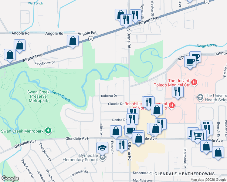 map of restaurants, bars, coffee shops, grocery stores, and more near 1212 Brigitte Drive in Toledo