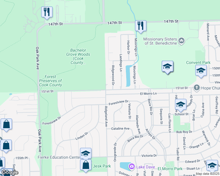 map of restaurants, bars, coffee shops, grocery stores, and more near 6340 151st Street in Oak Forest