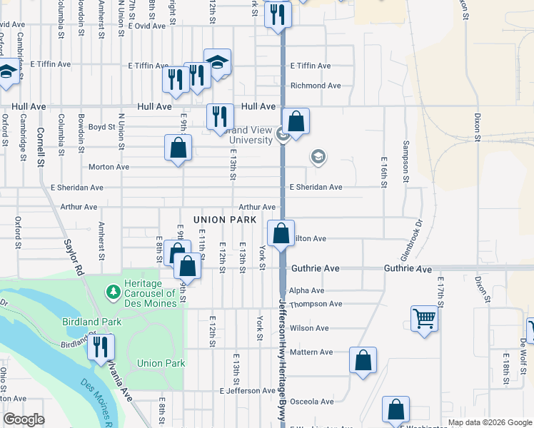 map of restaurants, bars, coffee shops, grocery stores, and more near 2419 York Street in Des Moines