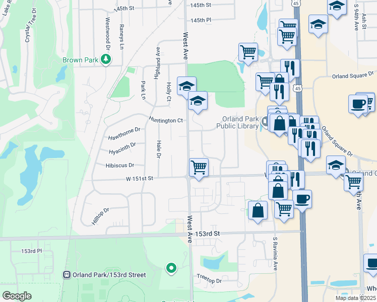 map of restaurants, bars, coffee shops, grocery stores, and more near West Avenue in Orland Park