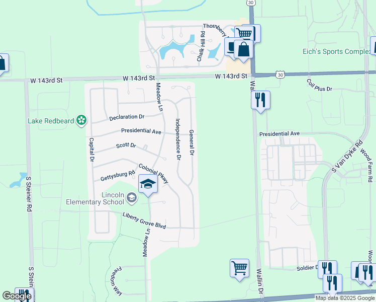 map of restaurants, bars, coffee shops, grocery stores, and more near 14524 General Drive in Plainfield