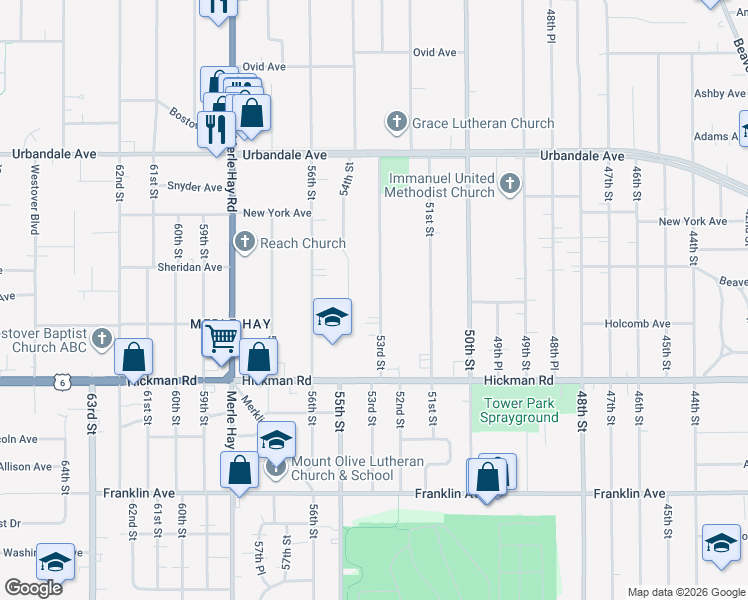map of restaurants, bars, coffee shops, grocery stores, and more near 2518 53rd Street in Des Moines