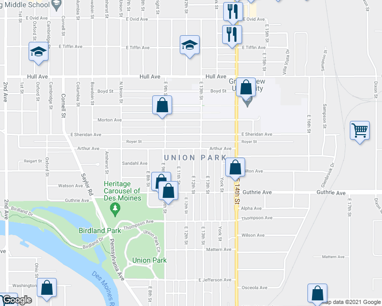 map of restaurants, bars, coffee shops, grocery stores, and more near 2418 East 12th Street in Des Moines