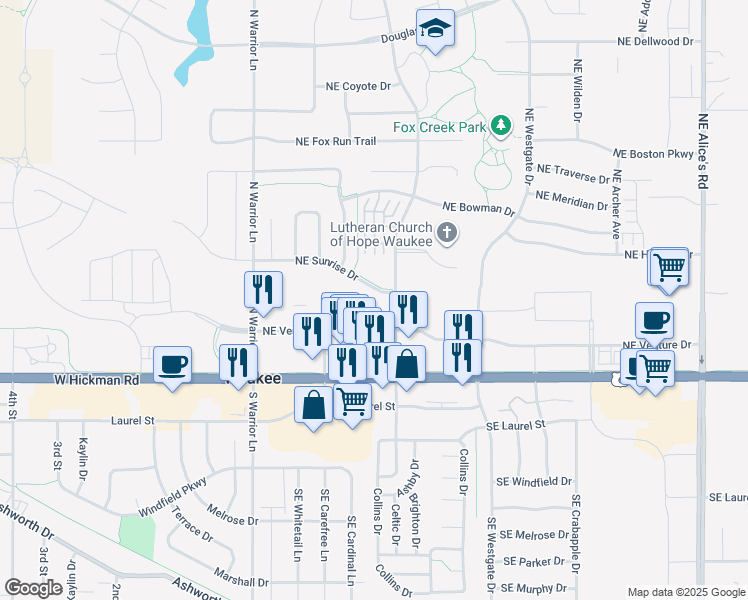 map of restaurants, bars, coffee shops, grocery stores, and more near 310 Northeast Sunrise Drive in Waukee