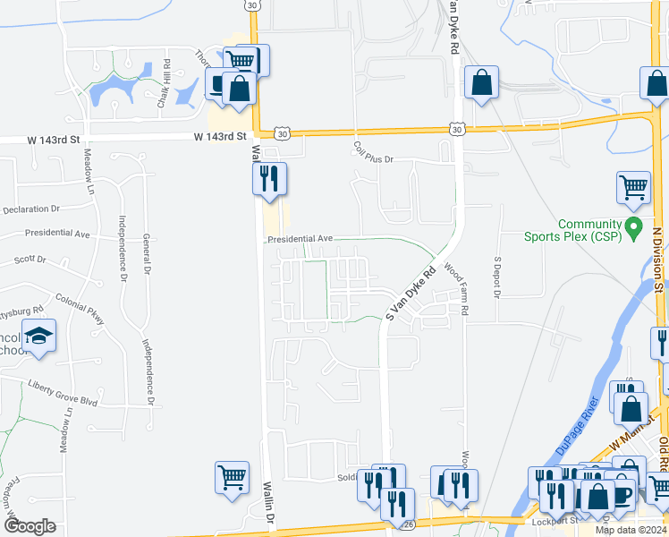 map of restaurants, bars, coffee shops, grocery stores, and more near 14515 Patriot Square Drive East in Plainfield