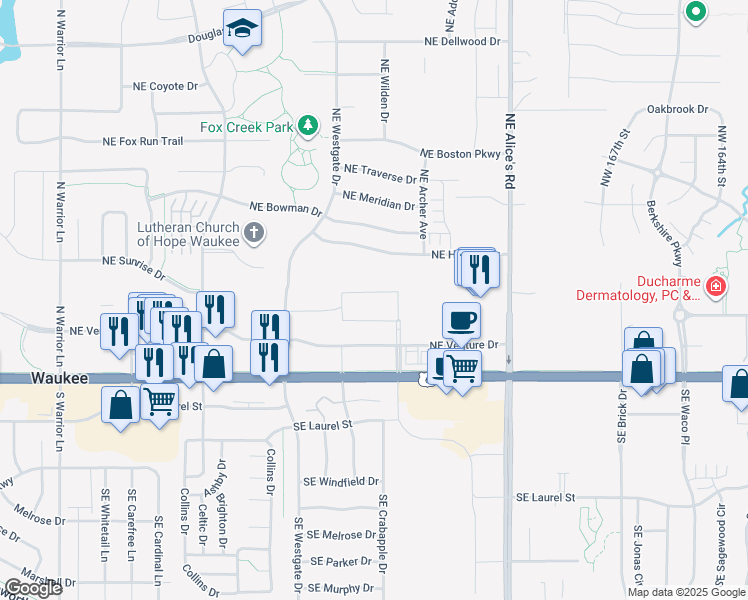 map of restaurants, bars, coffee shops, grocery stores, and more near Northeast Horizon Drive in Waukee