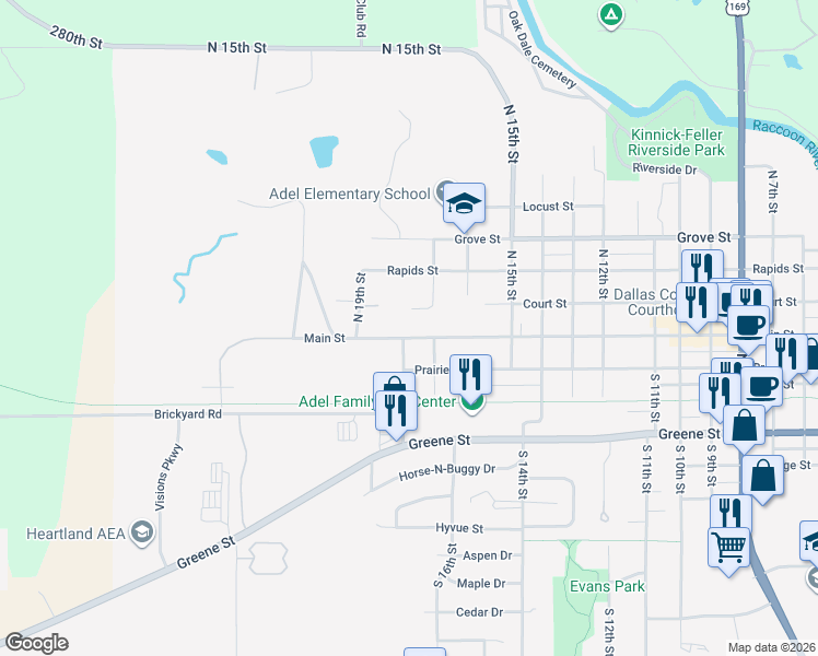 map of restaurants, bars, coffee shops, grocery stores, and more near 1726 Main St in Adel