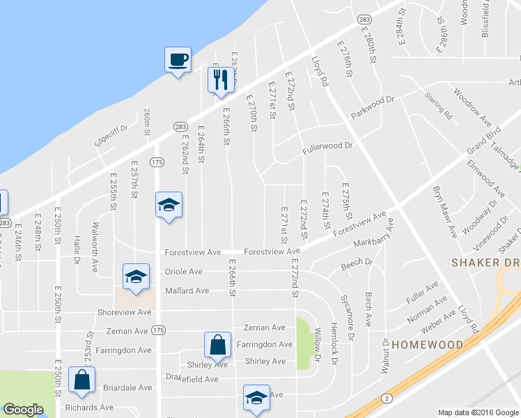 map of restaurants, bars, coffee shops, grocery stores, and more near 410 E 270th St in Euclid