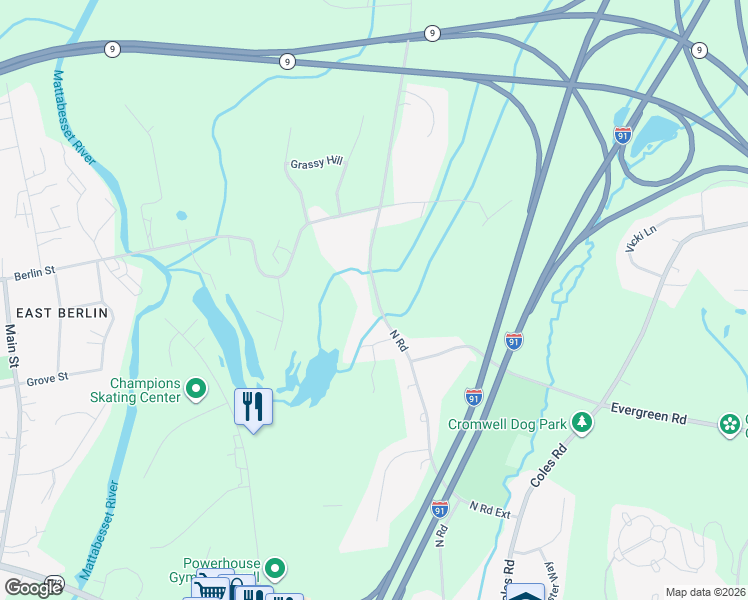 map of restaurants, bars, coffee shops, grocery stores, and more near 55R North Road in Cromwell