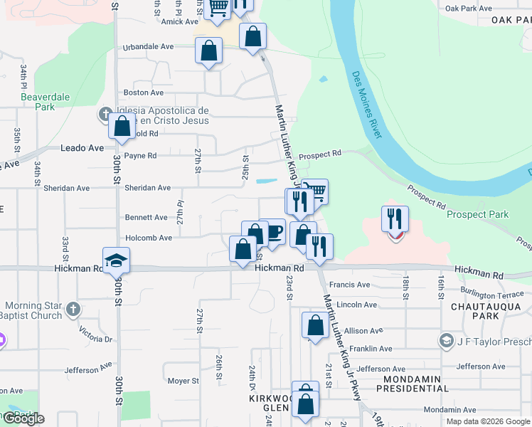 map of restaurants, bars, coffee shops, grocery stores, and more near 2601 24th Street in Des Moines