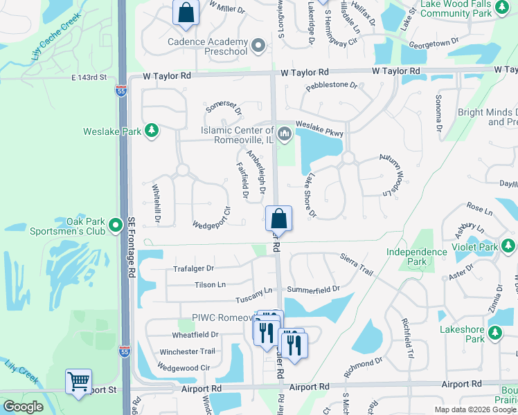 map of restaurants, bars, coffee shops, grocery stores, and more near 176 Morgan Court in Romeoville