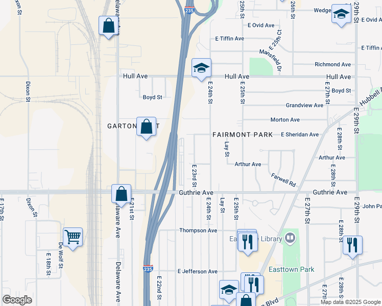 map of restaurants, bars, coffee shops, grocery stores, and more near 2516 East 23rd Street in Des Moines