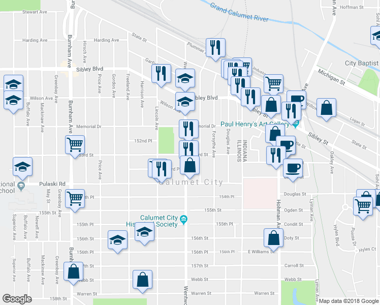 map of restaurants, bars, coffee shops, grocery stores, and more near 2103 Wentworth Avenue in Chicago Heights