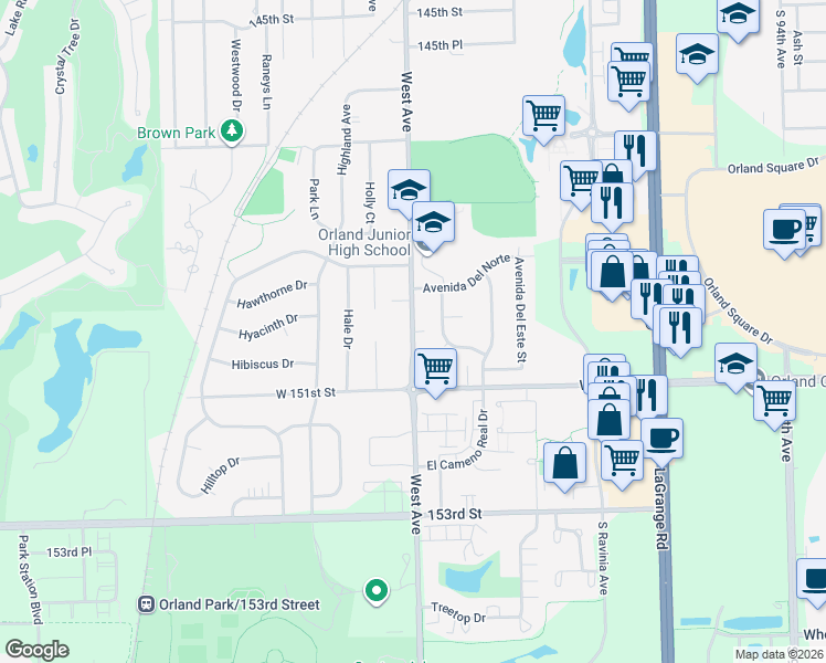 map of restaurants, bars, coffee shops, grocery stores, and more near West Avenue in Orland Park