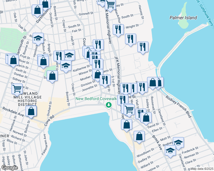 map of restaurants, bars, coffee shops, grocery stores, and more near 587 South 2nd Street in New Bedford
