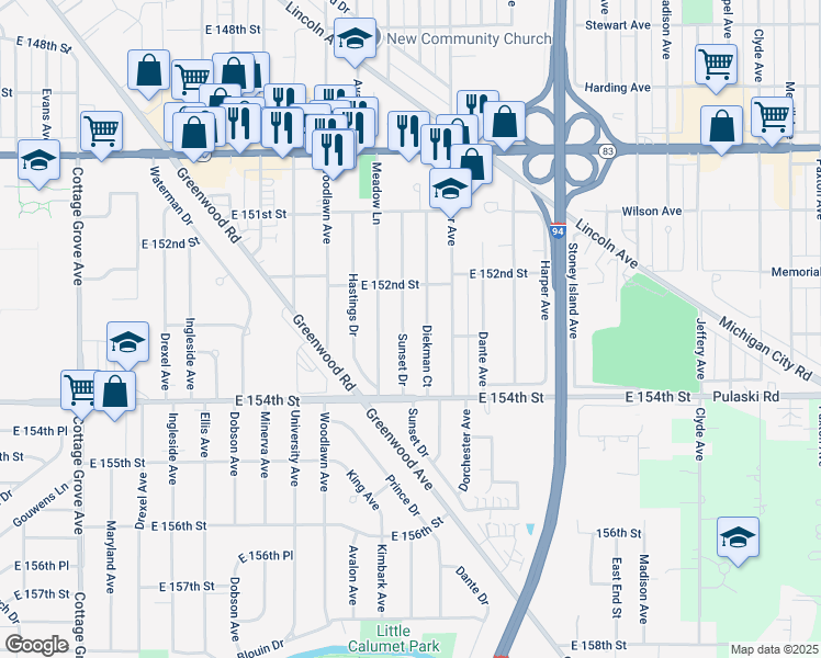 map of restaurants, bars, coffee shops, grocery stores, and more near 15235 Sunset Dr in Dolton