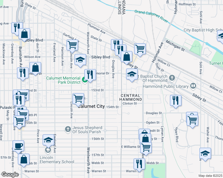 map of restaurants, bars, coffee shops, grocery stores, and more near 634 Douglas Avenue in Calumet City