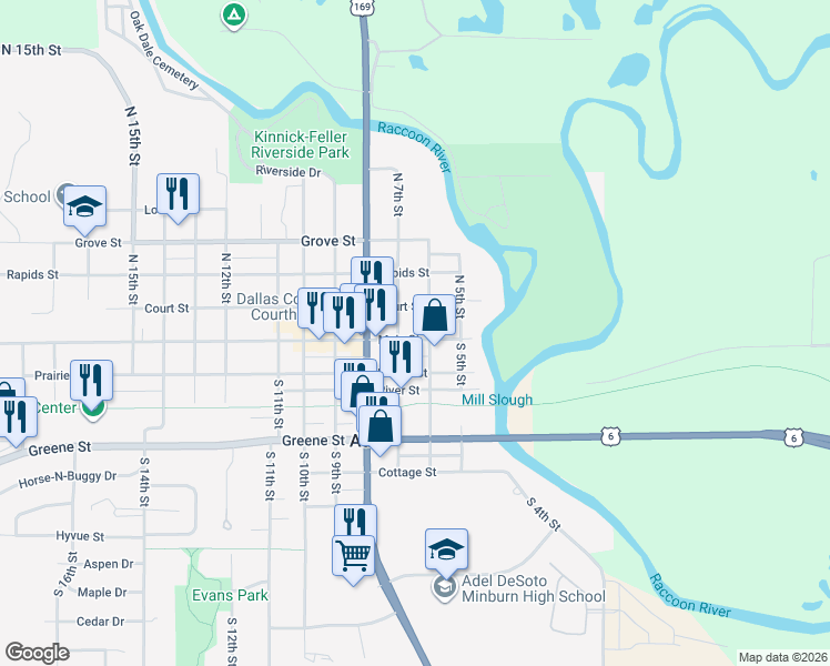 map of restaurants, bars, coffee shops, grocery stores, and more near 608 Main Street in Adel