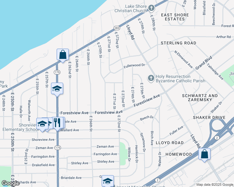 map of restaurants, bars, coffee shops, grocery stores, and more near 411 E 271st St in Euclid