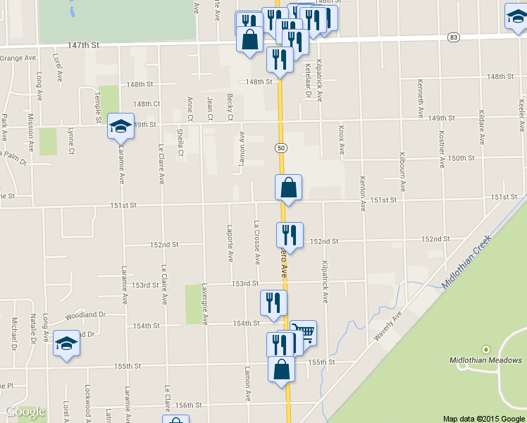 map of restaurants, bars, coffee shops, grocery stores, and more near 15103 La Crosse Ave in Oak Forest