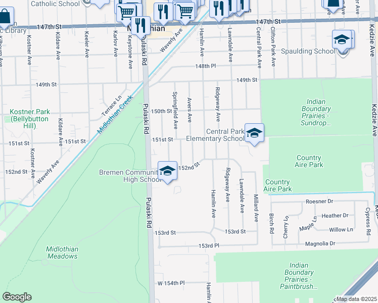 map of restaurants, bars, coffee shops, grocery stores, and more near 15128 Avers Avenue in Midlothian
