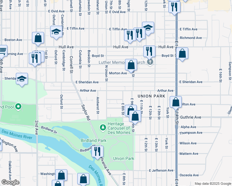 map of restaurants, bars, coffee shops, grocery stores, and more near 725 Arthur Ave in Des Moines