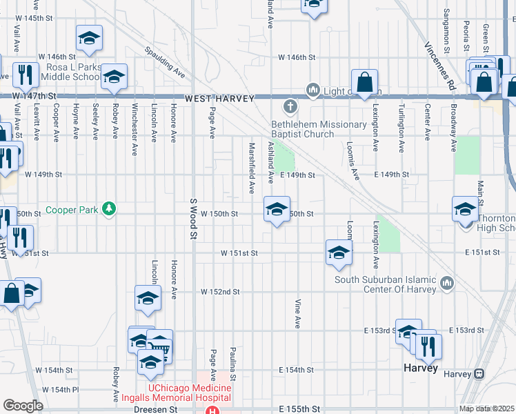 map of restaurants, bars, coffee shops, grocery stores, and more near 17 West 150th Street in Harvey