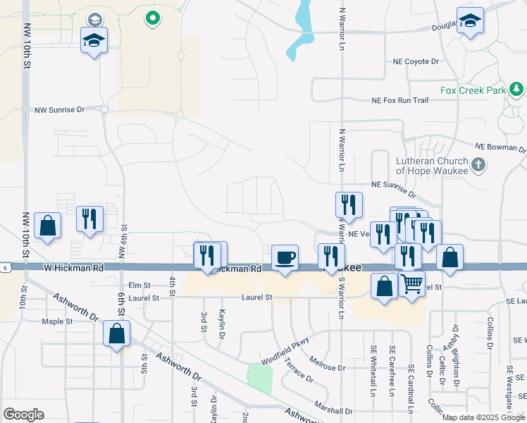 map of restaurants, bars, coffee shops, grocery stores, and more near 175 Northwest Common Place in Waukee