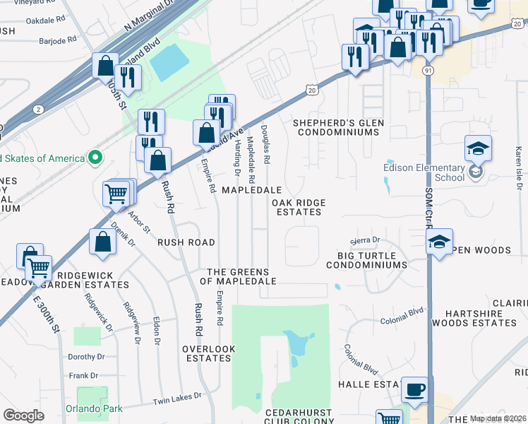 map of restaurants, bars, coffee shops, grocery stores, and more near 1644 Douglas Road in Wickliffe
