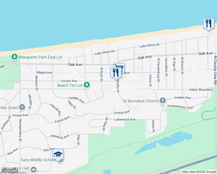 map of restaurants, bars, coffee shops, grocery stores, and more near 8232 Indian Boundary in Gary