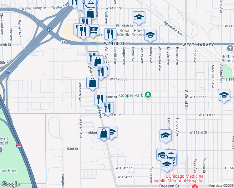 map of restaurants, bars, coffee shops, grocery stores, and more near 241 West 150th Street in Harvey