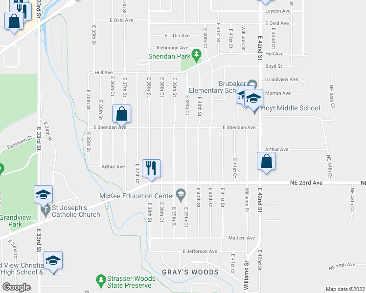 map of restaurants, bars, coffee shops, grocery stores, and more near 2506 East 39th Court in Des Moines