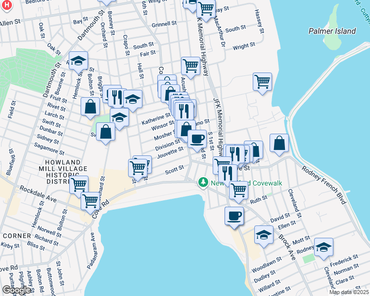 map of restaurants, bars, coffee shops, grocery stores, and more near 14 Jouvette Street in New Bedford