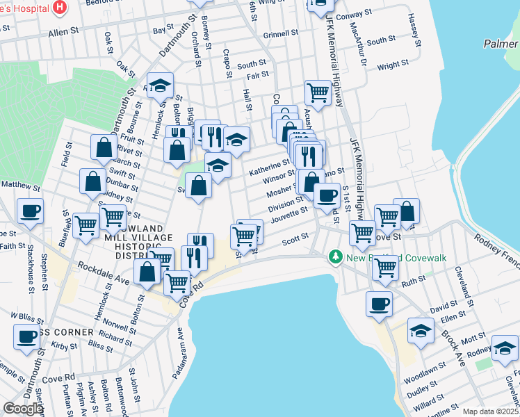 map of restaurants, bars, coffee shops, grocery stores, and more near 195 Division Street in New Bedford