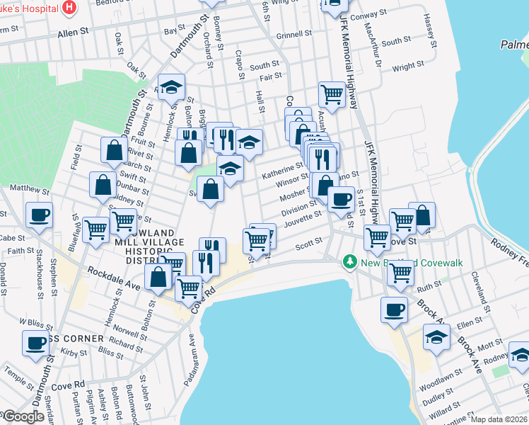 map of restaurants, bars, coffee shops, grocery stores, and more near 195 Division Street in New Bedford